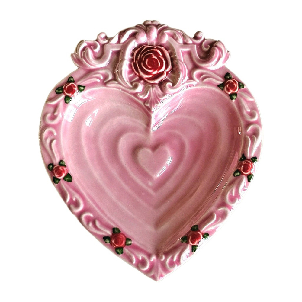Vintage Pink Ceramic Heart-Shaped Soap Dish Tricket Tray – 3D Rose Accents